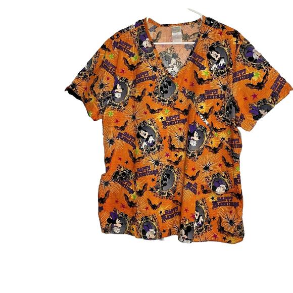 Disney Halloween Womens Scrub Top XL Nursing Uniform Mickey Minnie Spooky Work - Picture 1 of 6